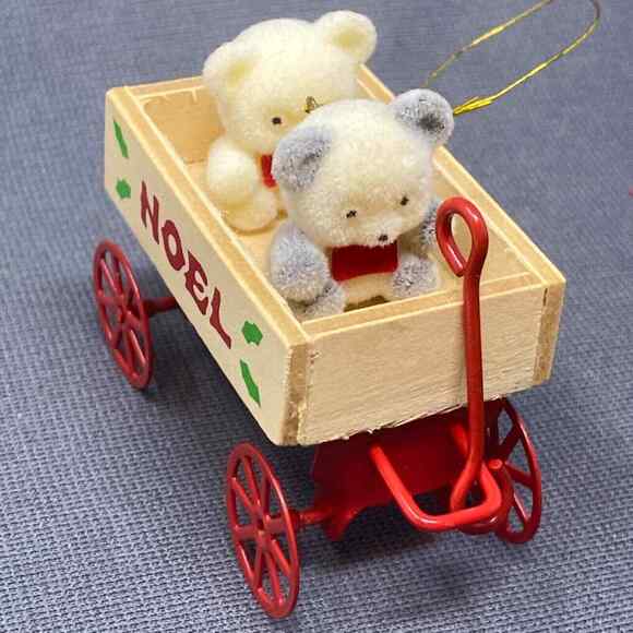 VTG Avon Flocked Christmas Ornaments Teddies in Wagon Teddy Bear on Bench NOEL - Picture 3 of 12
